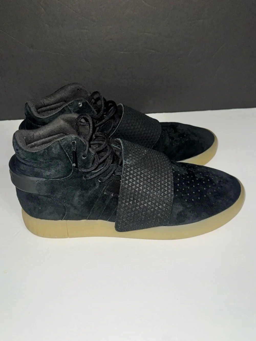 Adidas Tubular I Men’s I Invader Strap I Blk-Suede High-Top Sneakers w/ Gum Sole